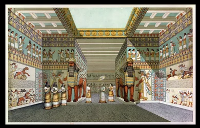 オースティンヘンリーラヤード（1817-94）によるニネベとバビロンの廃墟の発見からの、アッシリア宮殿のホールの再建