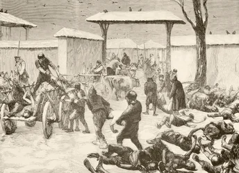 1877年、ブルガリアのプレヴナ包囲戦後の死者回収（リトグラフ）