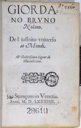 Res 28610ロンドンで出版されたGiordano BrunoによるDe lInfinito Universo et Mondiのタイトルページ、1584（印刷された紙）
