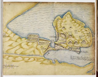 リチャード・グレンヴィルのティンタジェルの計画、1583年頃（紙にペンと水彩）
