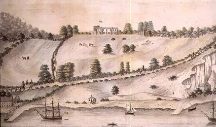 船のある川の風景とドーバー・コーチ 1800年頃（ペンとウォッシュ）（72976のペア