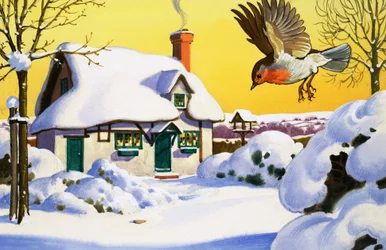 雪の中を飛んでいるロビン