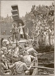 イギリスを離れるローマの兵士、カッセルズイラストレイテッドイングランドオブイングランドのイラスト（セピア写真）