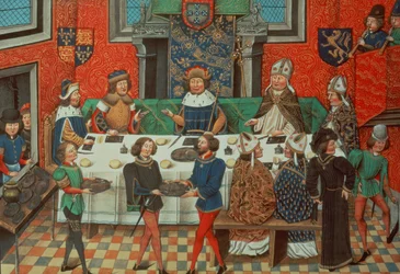 Roy 14 E IV f.244v ランカスター公爵がポルトガル王と食事。 III 「リチャード2世の戴冠式から1387年まで」、ジャン・ド・バタール・ワヴラン画