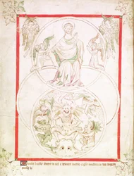 Roy 2 B VII f.1v The Fall of Lucifer、Queen Mary Psalter、c.1310-20 (ベラム) より