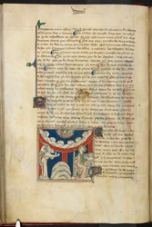 ロイヤル 19 B.XV、f.17v ライオンの口と、逆さになった雲の弧の上に、7 つの雷を表す 6 つの頭があります。 The Queen Mary Apocalypse