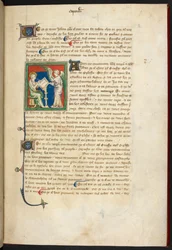 Royal 19 B.XV、f.3 ジョンが座って書いています。 机の後ろに立つ天使、「クイーン メアリー アポカリプス」より、英語学校 (14 世紀)