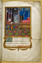 ロイヤル 2 A. XVI、f.3 キング ヘンリー 8 世の座った読書、彼の寝室で、「ヘンリー 8 世の詩篇」のイラスト、ジーン マラード作