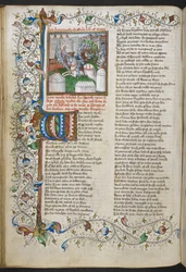 ロイヤル MS 18 D II、f.66v、パトロクルスを殺すヘクターのミニチュア、点灯したイニシャル「W」(鶏) と部分的な葉状の縁取り、ジョン リドゲイト作『トロイ ブック』、1457～60 年頃 (ベラム)