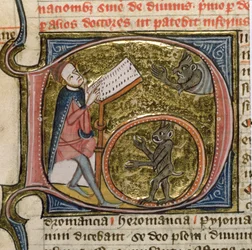 Royal MS 6E VI fol.535v ジェームズ・ル・パーマー作「オムネ・ボナム」より悪魔を召喚する魔術師