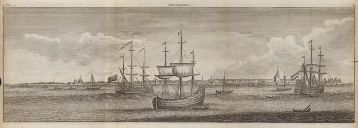 ロシア、大天使沖の帆船（エングレーヴィング）