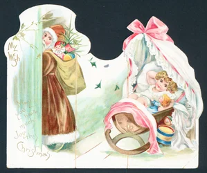 ベビーベッド、クリスマスカードでサンタ訪問幼児