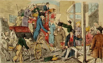 宿屋の風景、馬車の到着、1820年頃（紙にペンとインク、水彩画）