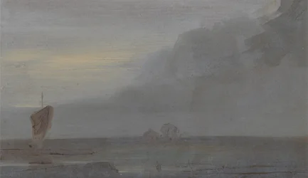 ボートのある海船：夕方、以前はJMWターナー（1775-1851）に、またピータードウィント（1784-1849）、1810-20（紙に油彩）に帰属