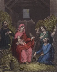 彼の周りにいる優しい羊飼いたちを見てください...。(彩色済み彫刻)