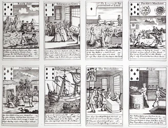 現在の商業ベンチャーと投資の風刺シーンを描いたトランプのセット、c.1720