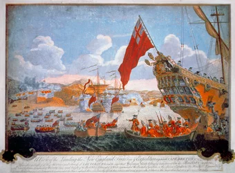 1745年、イギリス船とニューイングランド植民地民によるフランスの要塞ルイブールの包囲（カラーリトグラフ