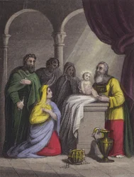 シメオンは喜んでその腕の中に子供を抱く...。(彩色された彫刻)