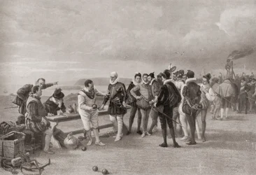 Sir Francis Drake jogando boliche, com a Armada Espanhola à vista em Plymouth Hoe, Inglaterra, em 1588.