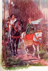ランスロット卿とグィネビア王妃。1910年に出版された『The Gateway to Tennyson』からのカラーイラスト。