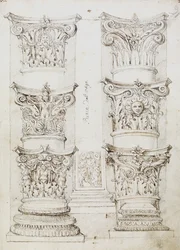 Six Capitals、Lesene and Two Column Bases、Folio 1、The Master of the Oxford Album、c.1512-17（ペンとダークブラウンのインク）
