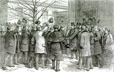 1890年12月6日、ザグラフィックから、英国の患者が治療を受けている王立病院を去るロバートコッホ氏（1843-1910）