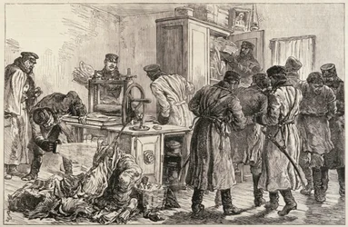 サンクトペテルブルクの警察、ニヒリスト印刷機を発見、1887年4月16日、「The Illustrated London News」より