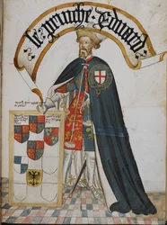 Stowe 594、f.14 ウェールズ公エドワード［黒太子］、ガーター勲章の創設騎士の肖像、『Pictorial Book of Arms of the Order of the Garter』（William BrugeのGarter Book）より、1430-40年頃