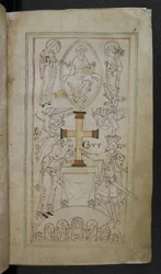 Stowe 944 f.6 クヌート王とその王妃アエルフギフが、新大聖堂の祭壇に十字架を提示している「自由生活」、1031 年頃（羊皮紙にインク）