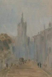 以前はJMWターナー（1775-1851）に帰属し、ピータードウィント（1784-1849）、1822-25（紙に油彩）にも帰属した教会と数字のある通り
