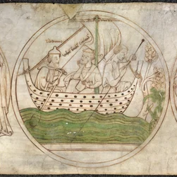 Tatwin はボートで Guthlac を Crowland に運ぶ、「Guthlac Roll」c.1210 (ベラム) より