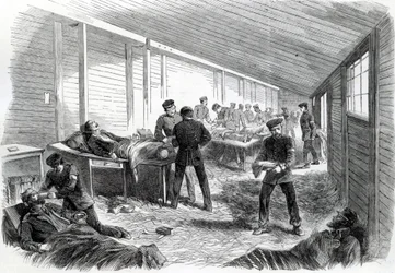 1864年のデュエペルにあるプロイセン第2パラレルの背後にある一時的な野戦病院