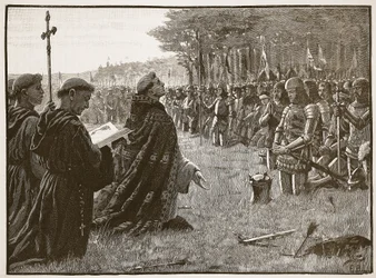 1415年10月25日のアジャンクールの戦いの後のイギリス軍の感謝祭、カッセルズイラストレイテッドイングランドの歴史のイラスト（セピア写真）