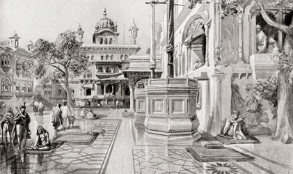 1864年、インド・パンジャーブ州アムリトサルのハルマンディル・サーヒブ（黄金寺院）複合施設、アカル・タクトまたはアカル・ブンガ（1915年発行のハッチンソン著『History of the Nations』より
