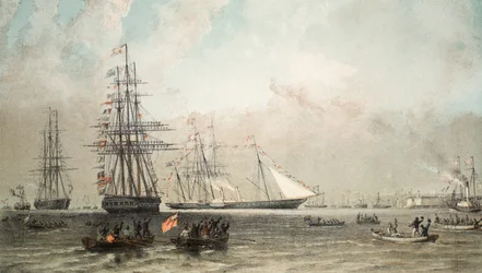 1863年3月7日、グレーブセンド沖のロイヤルヨットの到着。エドワード7世の結婚記念碑とパブ、デンマークのアレクサンドラから。 1864