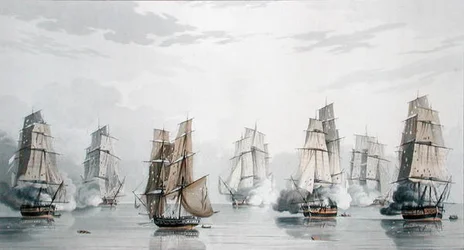 1811年5月20日、マダガスカル沖での戦闘開始直後に遭難したチャールズ・マーシュ・ショーンバーグ大尉指揮のイギリス艦隊とロックベール提督指揮のフランス艦隊（カラーリトグラフ版）