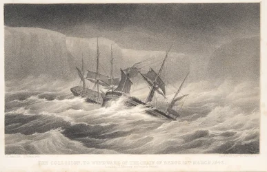 衝突（ジェームズ・クラーク・ロス船長による南極・南極探検航海より）。1847年（エングレーヴィング）