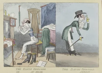 The Dandy Dressing or At Home, The Dandy Dressed Abroad, pub.c.1820 (手彩色の彫刻)