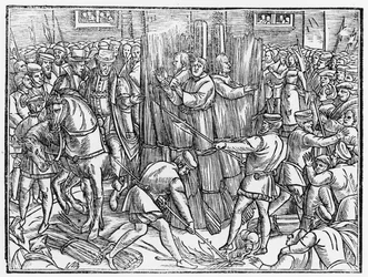 ジョン・フォクシー（1516-87）著『行為と記念碑』より、1541年、スミスフィールドにおけるキリストの最も不変の殉教者、ロバート・バーンズ医師、トマス・ギャレット、ウィリアム・ヒエロームの死と火刑。