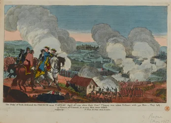 ヨーク公（1763-1827）が1794年4月26日、カトーの近くのフランス人を、1834年にF.ウェストによって出版された7年間の戦争シーンから破った。
