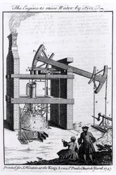 火事で水を上げるエンジン、ユニバーサルマガジン、1747年のニューコメンス蒸気機関の図