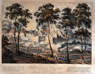 T.サザーランドによって刻まれた1815年6月18日、ウォータールーの戦いの開始時のウーグモンの外観、1816年公開（アクアチント）