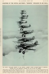 国で最速の2人乗り航空機：1935年7月20日のイラスト入りロンドンニュース王立海軍および軍の番号からの、エシェロンの右上がり編成で飛行する悪魔