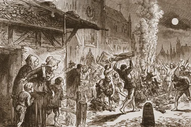 バーゼルでイコノクラストが燃える画像と偶像、ジェームズエイトケンワイリー（1808-1890）による「プロテスタンティズムの歴史」のイラスト、パブ。 1878