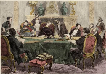 エリゼ宮での閣僚会議で議長を務める皇后摂政ユージェニー - The Empress Regent Eugenie presiding at a Council of Ministers.イラストレイテッド・ロンドン・ニュース」のイラスト
