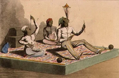 インドの曲芸師たち 1813年10月 1809-28年に発行された「アッカーマンの芸術のリポジトリ」より（カラーリトグラフ）