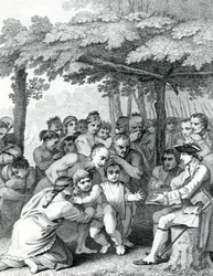 1764年のカノーによって刻まれた、ノースアニリカのフォークスオブマスキンガムにあるキャンプ近くのブーケ大佐にイギリス人捕虜を配ったインディアン