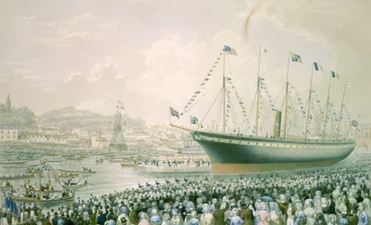 1843年7月9日、ブリストルにおける蒸気船「ザ・グレート・ブリテン」の進水式、1843年頃（カラーリトグラフ