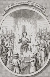 1741年に出版された『殉教者の焼却』より、タンブリッジでのマージレット・ポーリーの殉教（リトグラフ）。