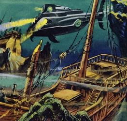 ノーチラスは2つのフランスのガレオン船の破壊された船体を通過しました